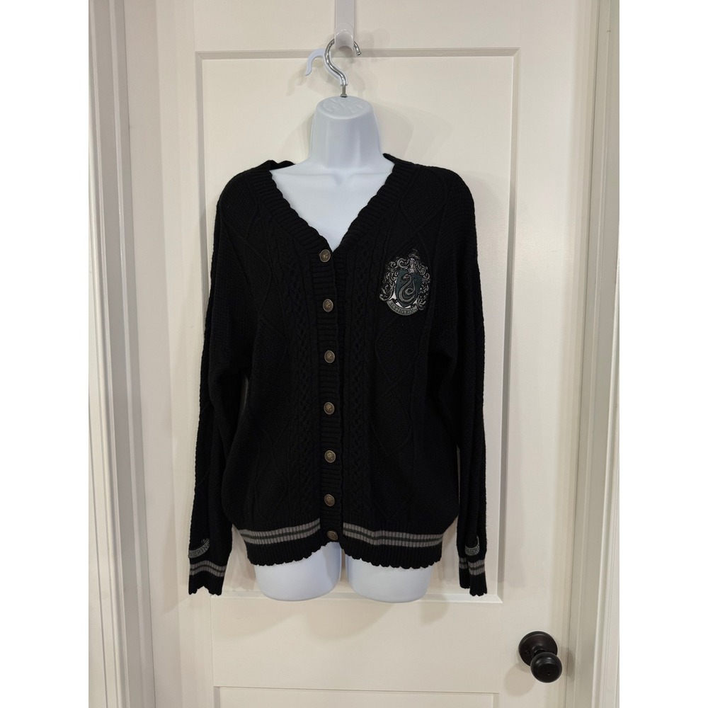 Harry Potter Slytherin Cardigan Black Cable Knit Crest Button Sweater